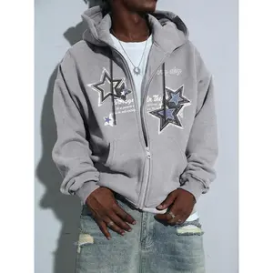 Men's Streetwear Zip-Up Hoodie - Loose Fit Full-Zip Jacket , Grey Hooded Cardigan for Teens  - Spring/Fall Casual Outerwear Menswear Sweatshirts