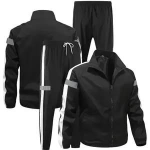 Men's Solid Color Striped Patchwork Long Sleeve Sports Set with Stand Collar Zipper Jacket & Elastic Drawstring Jogging Pants for All Seasons