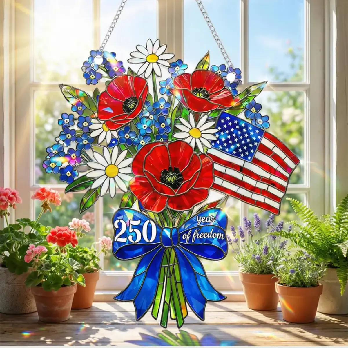4th of July Suncatcher – Patriotic Flower Holographic Acrylic Flag Jar, USA Window Decor