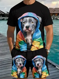 Rainbow Hoodie Cute Dog Men's Round Neck 3D Digital Printing Two-Piece Set, Menswear, Clothes, 2Pcs, Trendy Fashion Set, Trendy Retro Casual Two-Piece Set, Vacation Style Trendy Outfit, Breathable Sports Casual Style, Perfect Holiday Gift for Men