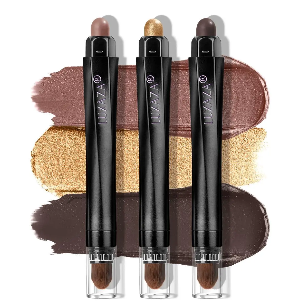 LUXAZA 3Pcs Neutral Brown Eyeshadow Stick Set - Matte & Shimmer Creamy Pencils with Shiny Pink Shade, Waterproof, Long-Lasting, Daily Smoky Eye Makeup, A3 Twilight Brown