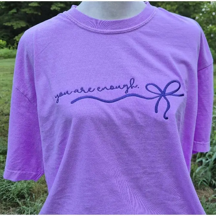 You Are Enough Embroidered T-Shirt in Purple with Elegant Bow Design