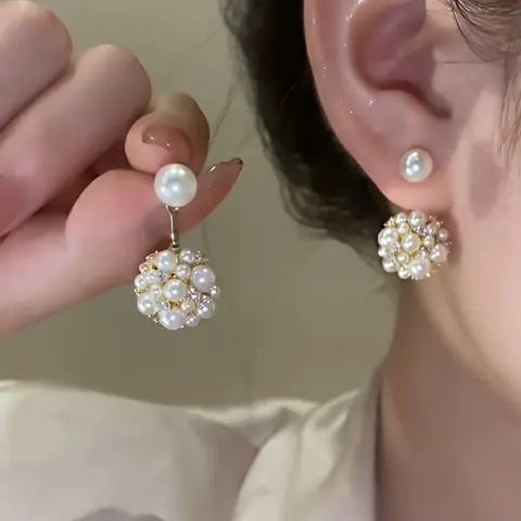 Women's 1-Pair French Elegance Freshwater Pearl Earrings - Front-and-Back Framing, Light Luxury Look, Pearl Jewelry, Soft Shine, Best Gift for Her, Accessories for Adult Females, Earrings for Women