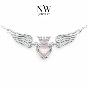 Non-Natural Crystal Angel Love Crown Heart Shaped Necklace Pendant - Dreamy Feminine Design, Delicate Fluttering Wings, Heart Shaped Quartz Gems Jewelry, Women's Accessory, Girlfriend Birthday Gift