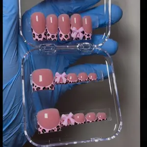 Acrylic Set Pres-On Nails and Pedicure with Pink Bow Accents and Leopard Print Design for Stylish Manicures * Custom Handmade Press-On Nails - Made to Order (5-7 Business Days)