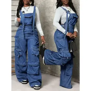 Women's Spring Autumn Multi-Pocket Casual Loose Denim Bib Pants Oversize Womenswear Overalls Blue(Sheet)