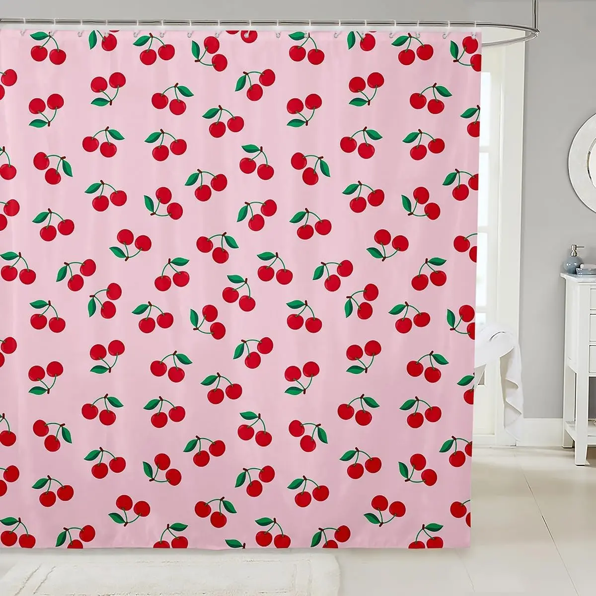 Feelyou Cherry Pink Shower Curtain (72"x78") - Washable Lightweight Polyester Colorful Fabric Pattern Floral Textured Family-Friendly Bathroom Bathtub Accessories, Pastel Summer Fruit Decor Household Textile, Colorful Curtains, Cherry Pink Curtains
