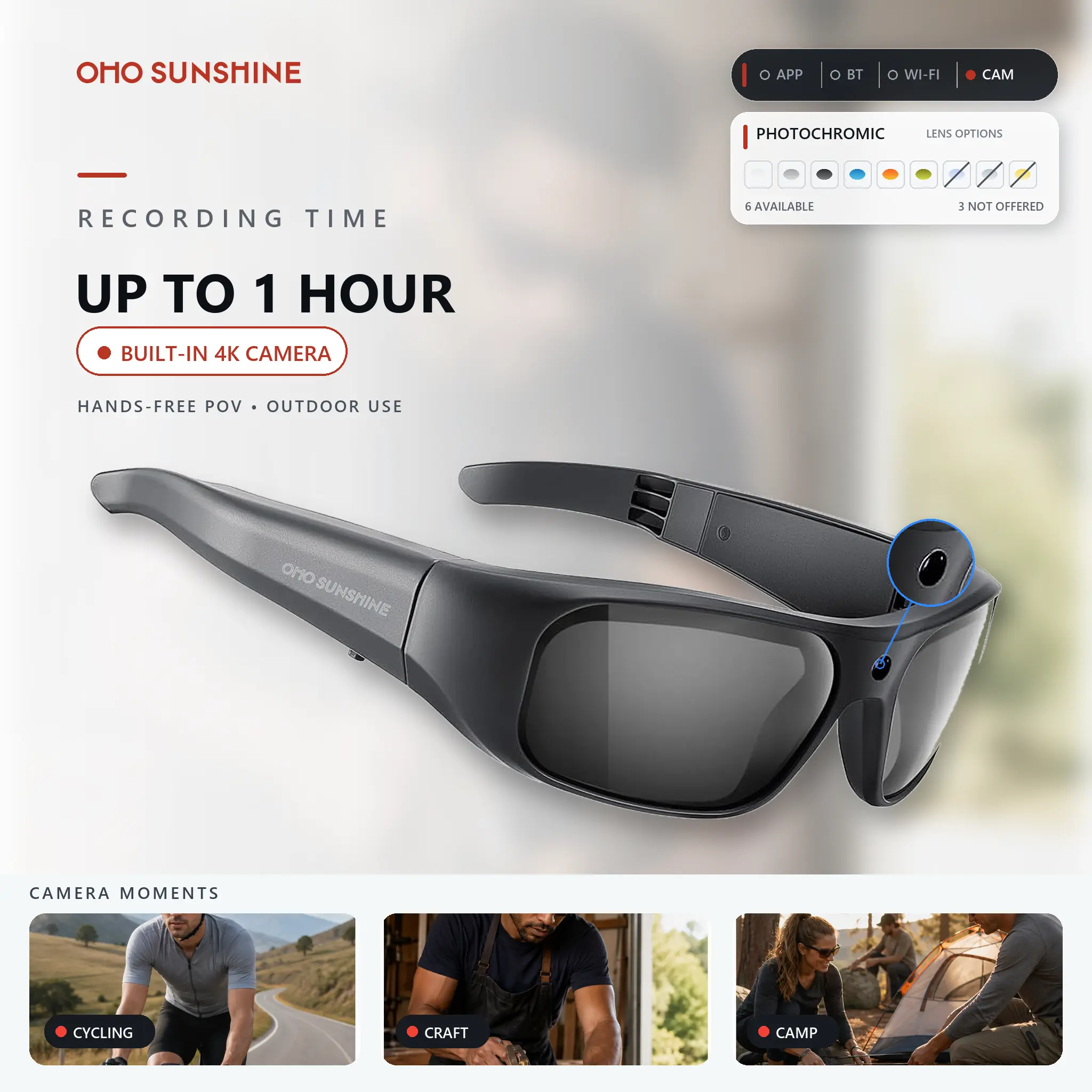 OhO Sunshine smart sport glasses，Brave 4K Video  Camera Sunglasses 24M Resolution Smart Glasses Handfree Action Camera with Built-in Memory for Outdoor Adventure