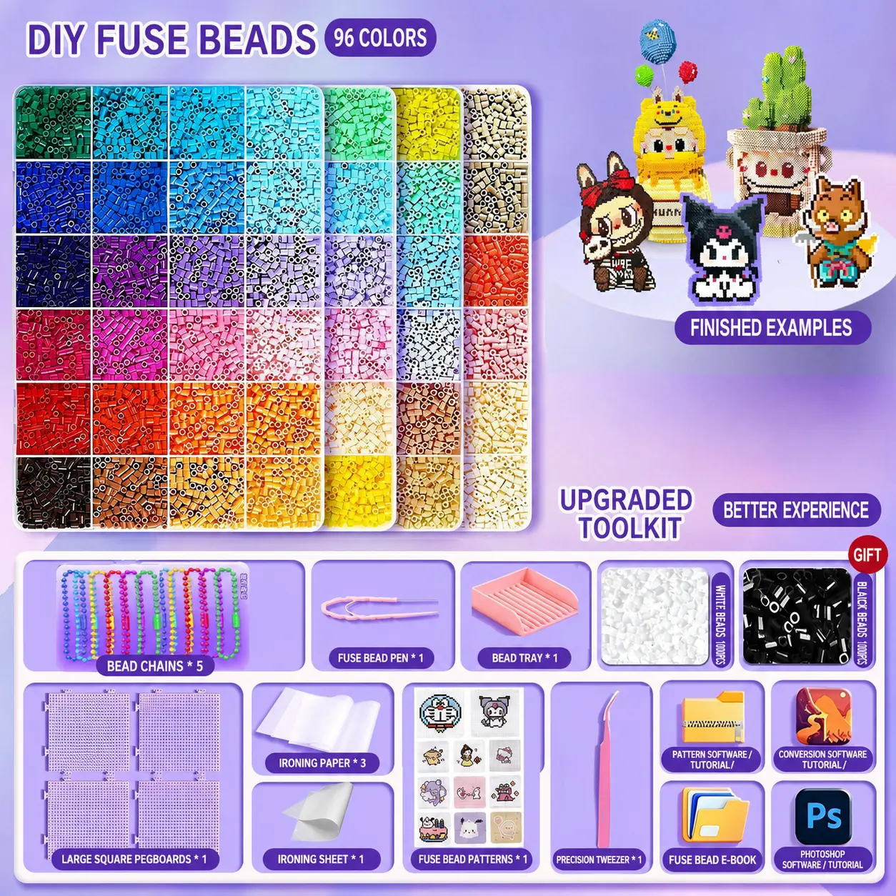DIY Fuse Beads Kit - 48/96 Colors Pixel Art Bead Set, Upgraded Tool Kit, Pegboards, Ironing Paper & Pattern Templates | Creative Craft Set for Ages 14+ (Collectible Keychain Making Supplies)