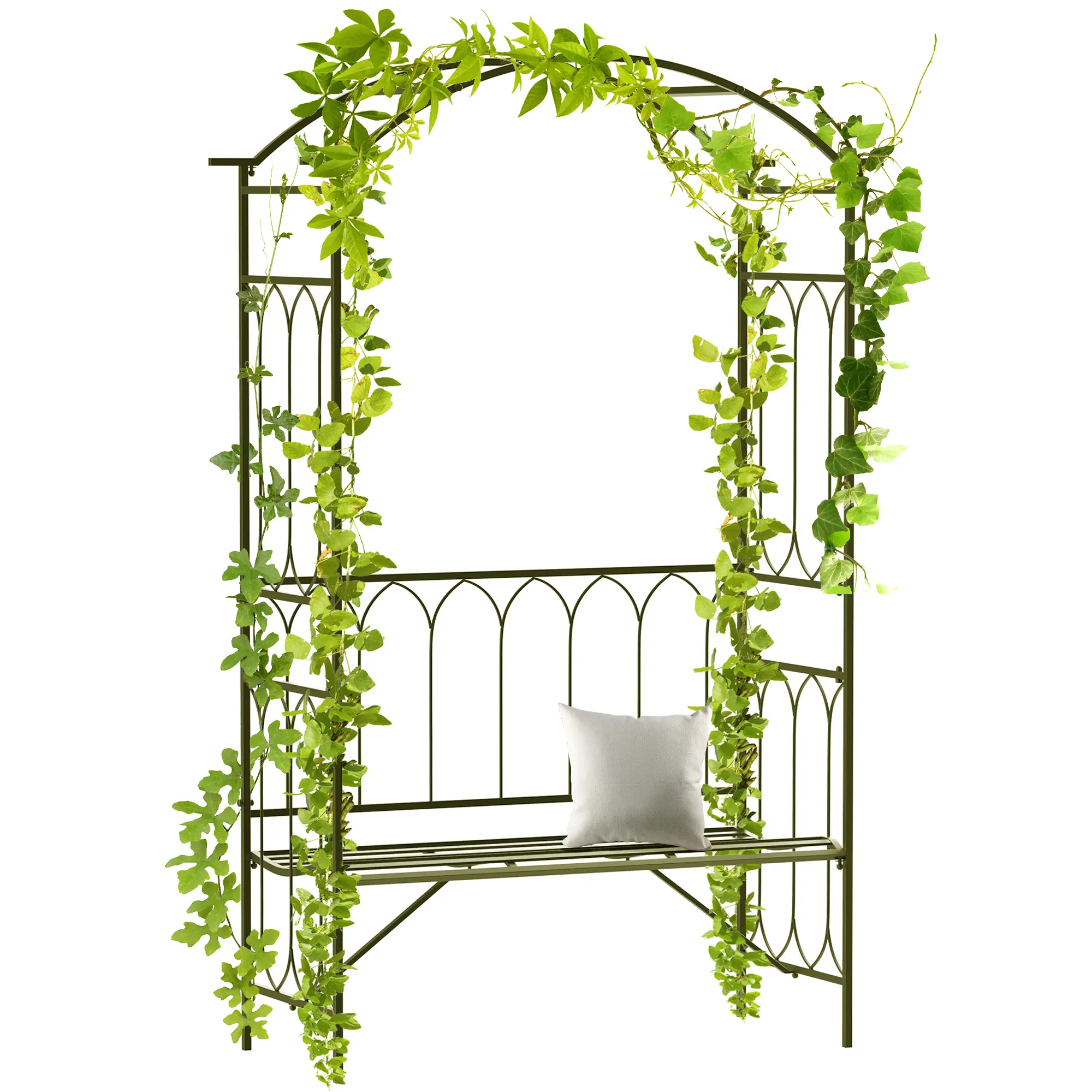 2-in-1 Thick Metal Arched Garden Trellis Bench - Plant Support, Dual Trellises for Climbing Plants, Comfortable Seating, 32 lb Hanging Planter Top Tubes, 484 lbs Capacity, Requires Assembly, 45.25in L x 19.75in W x 80in H for Porch, Patio, Arched Trellis,