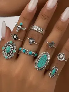 Western Style Turquoise Decorated Rings,  Rings for Women,  Fashionable Lotus & Bull Head Design Rings, Trendy All-match & Exquisite Jewelry for Birthday Gift