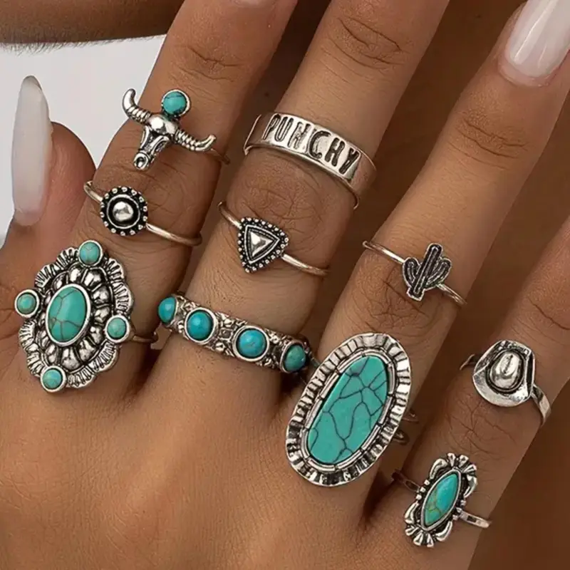 Western Style Turquoise Decorated Rings,  Rings for Women,  Fashionable Elegant Lotus & Bull Head Design Rings, Trendy All-match & Exquisite Elegance Jewelry for Birthday Gift