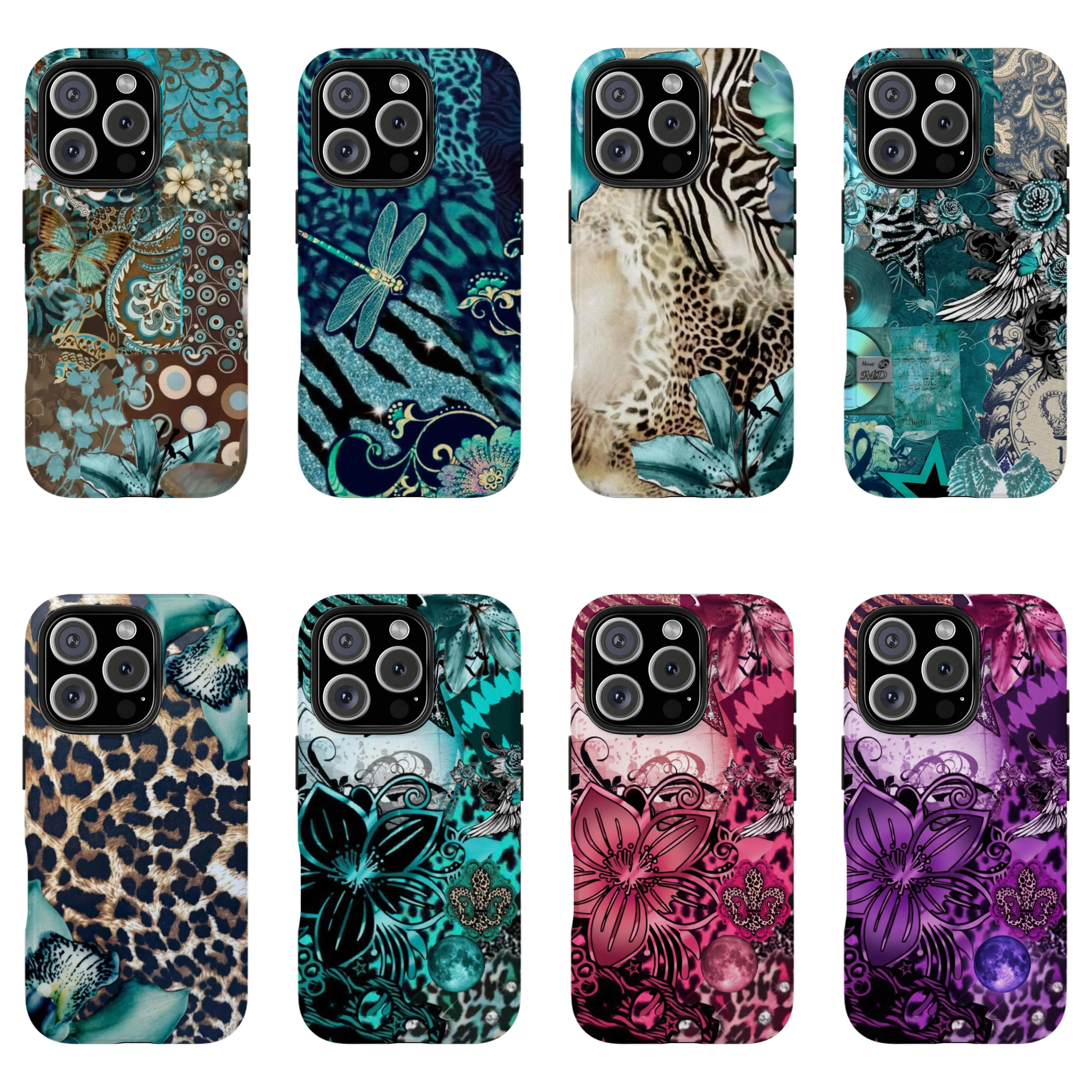 [non-magnetic]Vintage Teal Leopard Print Aesthetic PhoneCase Leopard Zebra Butterfly Vintage CollageArt Phone Case, Boho Patchwork Tough CaseCollection, Suitable for iPhone 17-11 ProMax/Plus