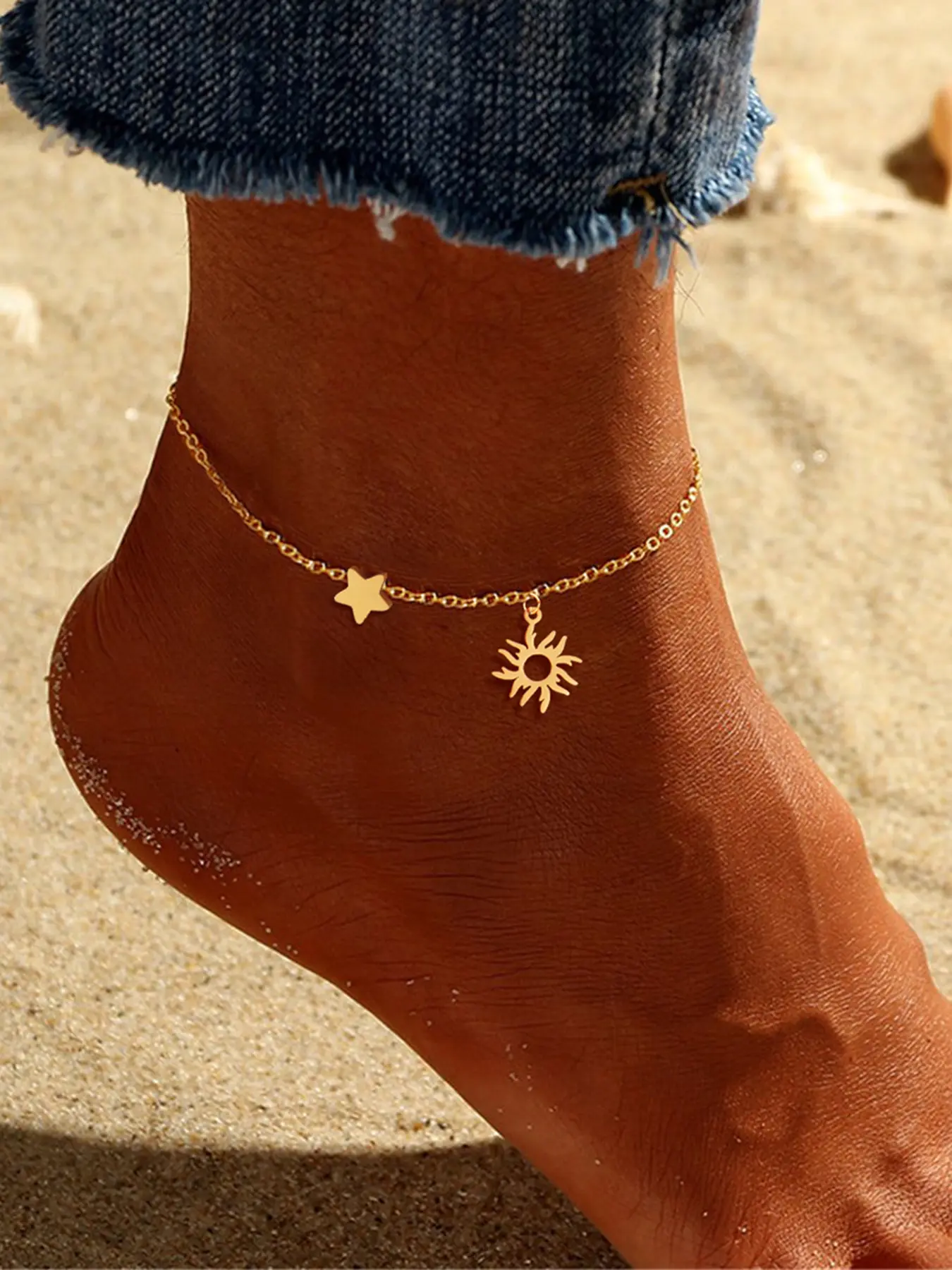 Women's Sun Star Pendant Anklet, New Classic /silver Color Stainless Steel Chain, Fashionable Ladies' Foot Jewelry
