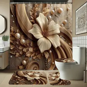 Abstract Floral Bathroom Set, Includes Soft Shower Curtain Sets, Mat, Toilet Seat Cover, Elegant Decor, Bathroom Decoration Accessories, 1/4 Piece Bath Ensemble