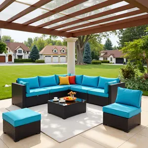 FathersDayGift 7-Piece Patio Furniture Set, Perfect for Outdoor, Balcony, Poolside, Deck, All Weather Rattan Sectional Sofa Set with Anti-Slip Cushions and 2 Pillows