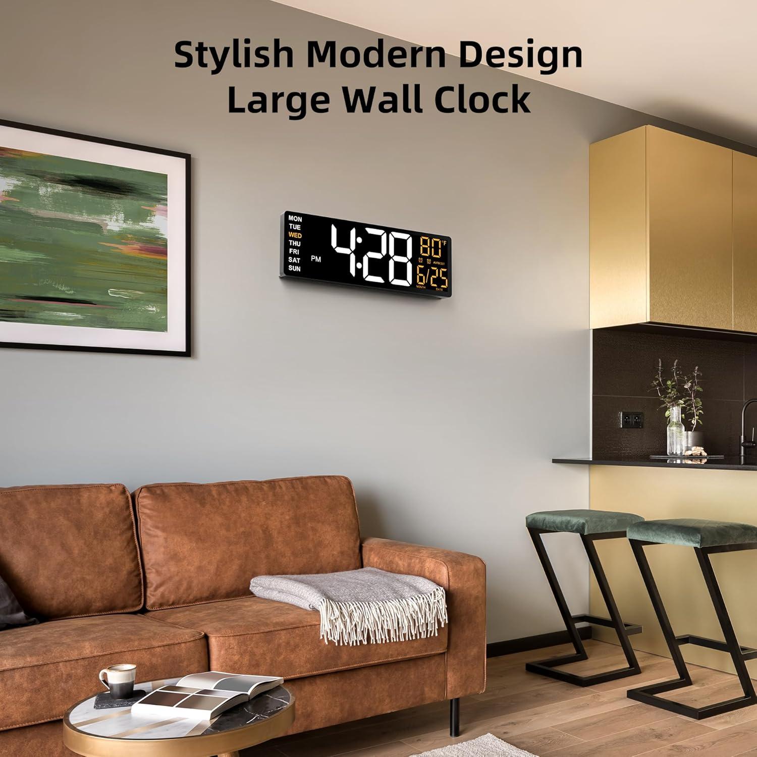 16.5" Large Digital Wall Clock with Anti-Glare Display, RGB Lights with 10 Scenes Mode Remote Control, Adjustable Brightness, Dual Alarms, Auto DST, BT Sync, Temperature for Living Room