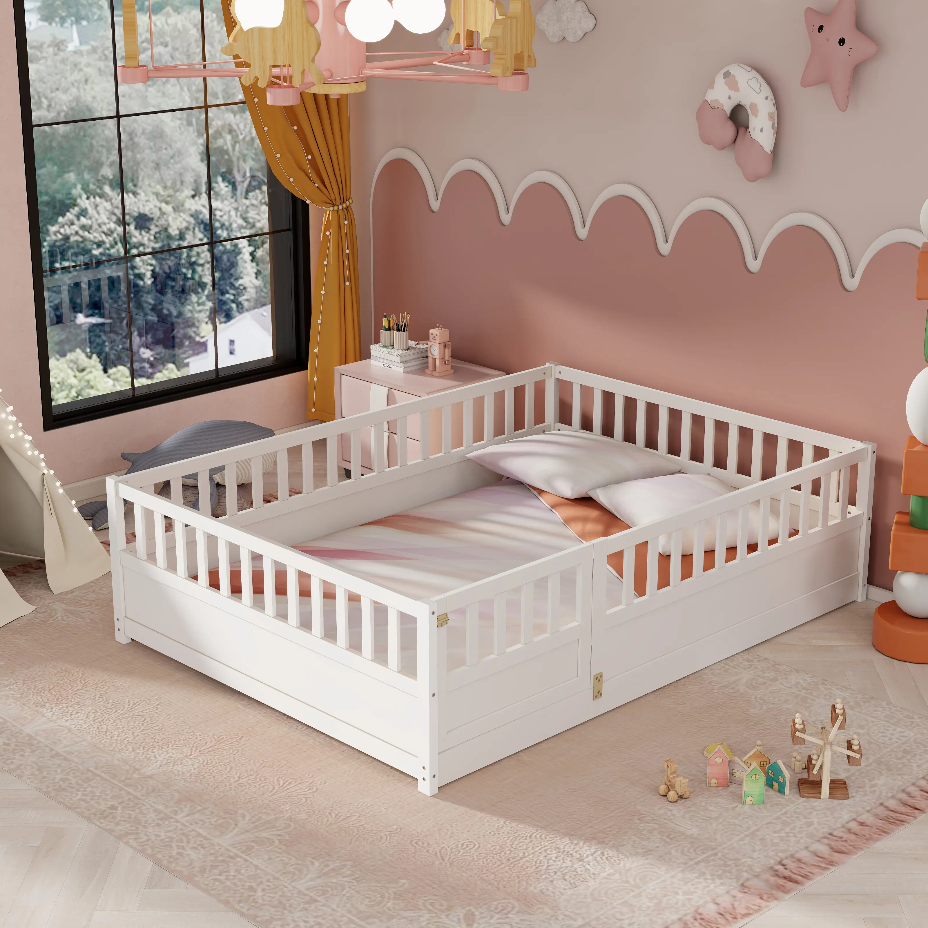 Full Size Wood Floor Bed Frame with High Fence and Door, Slat-Free Preschool & Toddler Bed for Bedroom, White, Preschool Bed
