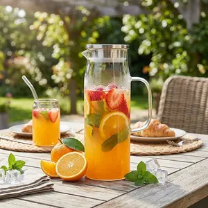 50.72 Large Capacity Heat-Resistant Glass Pitcher, available in packs of 1 or 2; high borosilicate glass water pitcher with handle; 304 stainless steel sealing lid; can be refrigerated for home tea brewing, iced tea, coffee, cold/hot drinks, milk, and jui