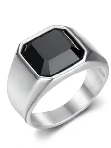Stainless Steel Signet Rings for Men & Women, Unisex Design, Silver Color, Simple Square Design, Square Shape, Agate Material, All Seasons Wear, Geometric Design Ring, Square Shaped Ring