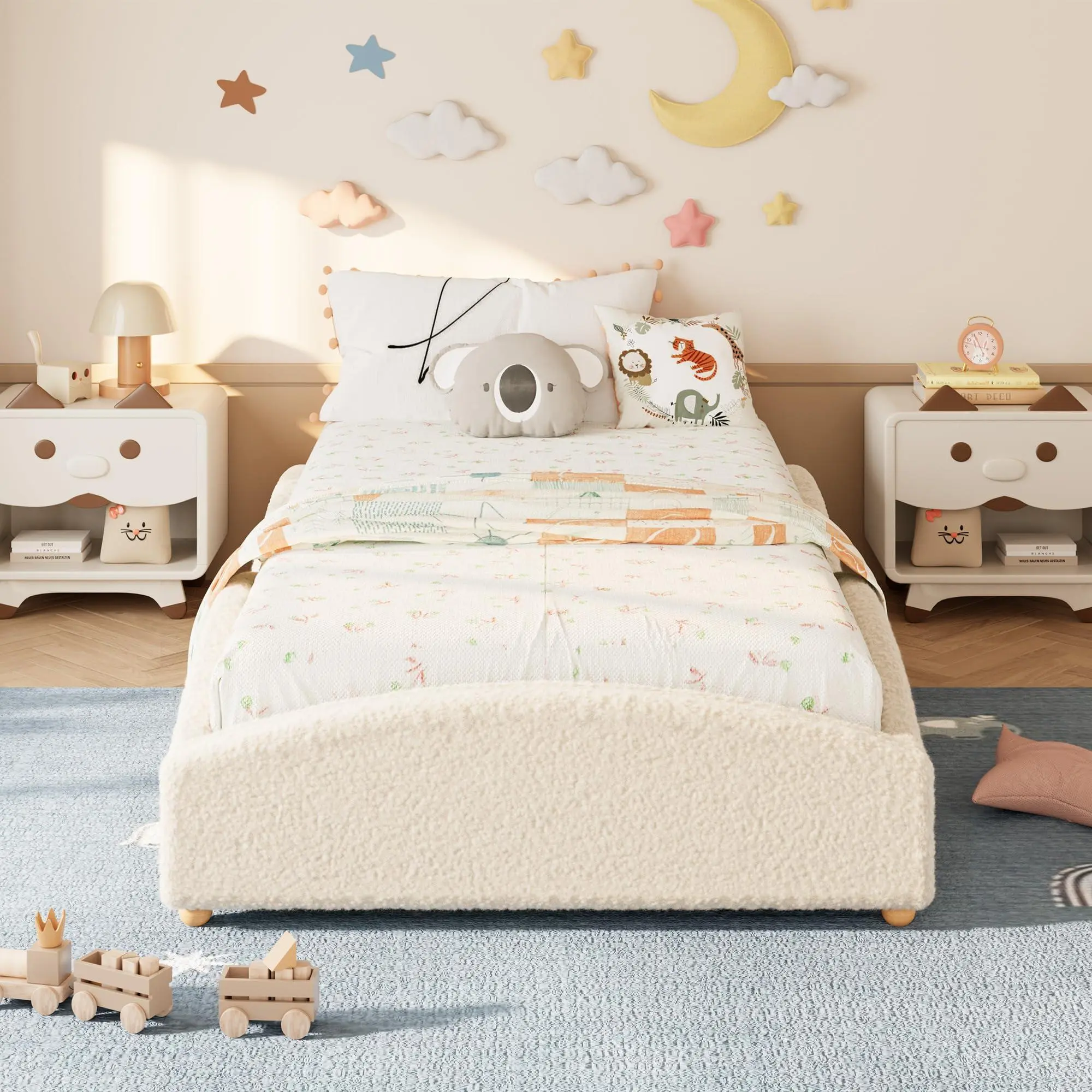 Twin XL Size Floor Bed Daybed for Kids with Upholstered Cloud Design, Raised Sides Secure Mattress Low Profile for Toddler Boy Girl, Beige