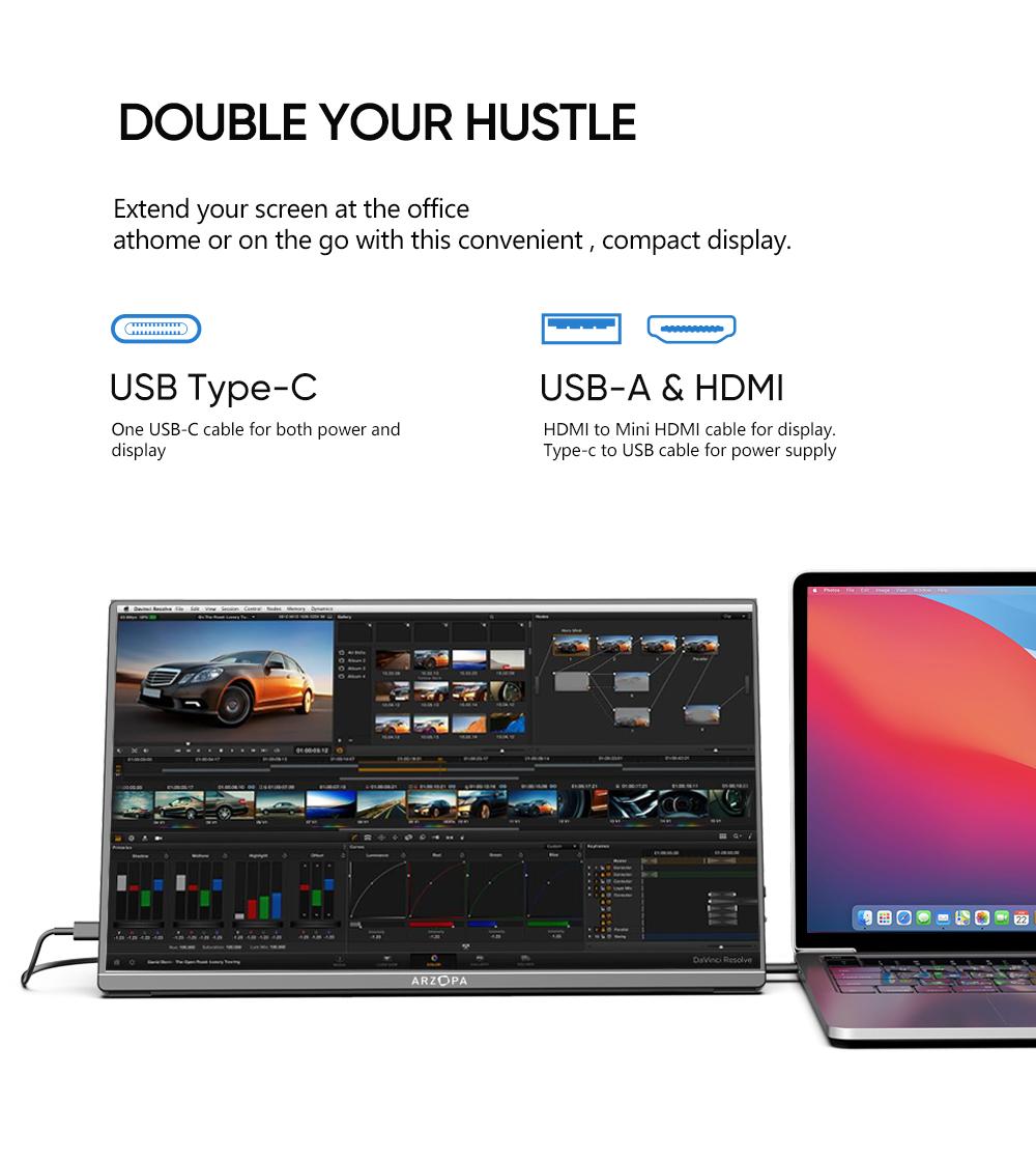 ARZOPA Portable Monitor FHD 1080P Ultra-Slim Portable Laptop Monitor IPS Display for PC MAC Phone Xbox, PS5 - USB C & HDMI Connectivity Remote Work