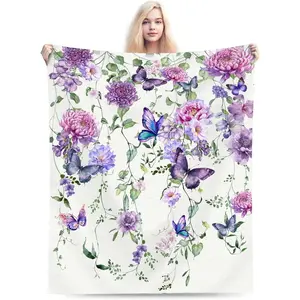 Spring Floral Throw Blanket for Couch Chair Sofa Bed, Flannel Soft Watercolor Purple Flower Butterfly Seasonal Blanket for Bedroom Living Room Car, Warm Cozy Blankets for All Season 30"x 40"