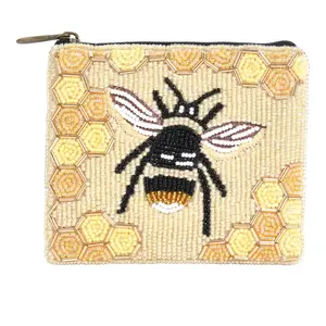 Honeycomb Bee Essential Pouch Beaded Zip Card Case Coin Purse, Animals, Beaded Embellishment, Multi-Function