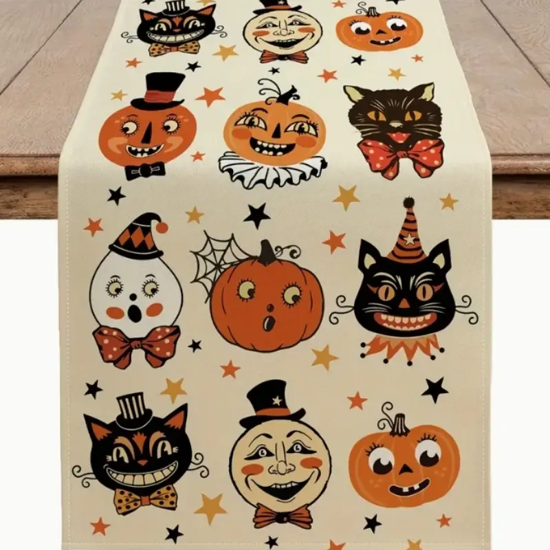 Halloween Tablecloth 13x72 Inches, Funny Cartoon Ghost Face Pumpkin Cat Design, Durable Polyester Rectangular Woven Fabric