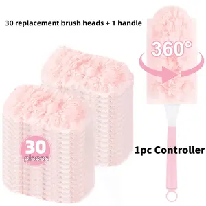 30 Pink Dust Refill Heads, Disposable Household and Car Cleaning Dust Refill Pack, Suitable for Clothes, Furniture, Cars, and Keyboards (Includes 1 Handle) - Cleaning Supplies, Accessories, and Tools, 360-Degree Cleaning for Desktops and Bookshelves