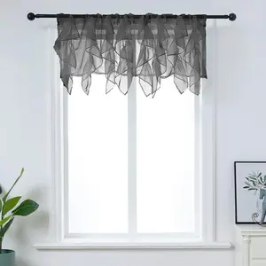 Ruffled Voile Semi Sheer Curtain Valance, Kitchen Living Room Shabby Chic Ruffle Valance Curtains, Girls Daughters Bedroom  Window Valance Black 50x16 Inches