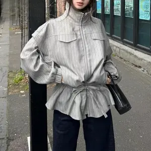 2025 Women Color Block Striped Jacket Coat Stand Collar Zipper Pocket Drawstring Waist Ruffle Trim Vintage Autumn Outerwear
