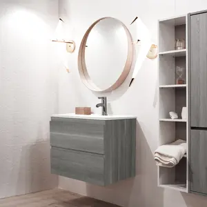 SweetGo 24" Wall Mounted Bathroom Vanity with Sink Grey Floating Vanity Two Drawers Bathroom Cabinet with White Ceramic Integrated Sink - Fire Safety Label