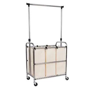Rolling 3-Bag Steel Laundry Sorter w/ Hanging Bar