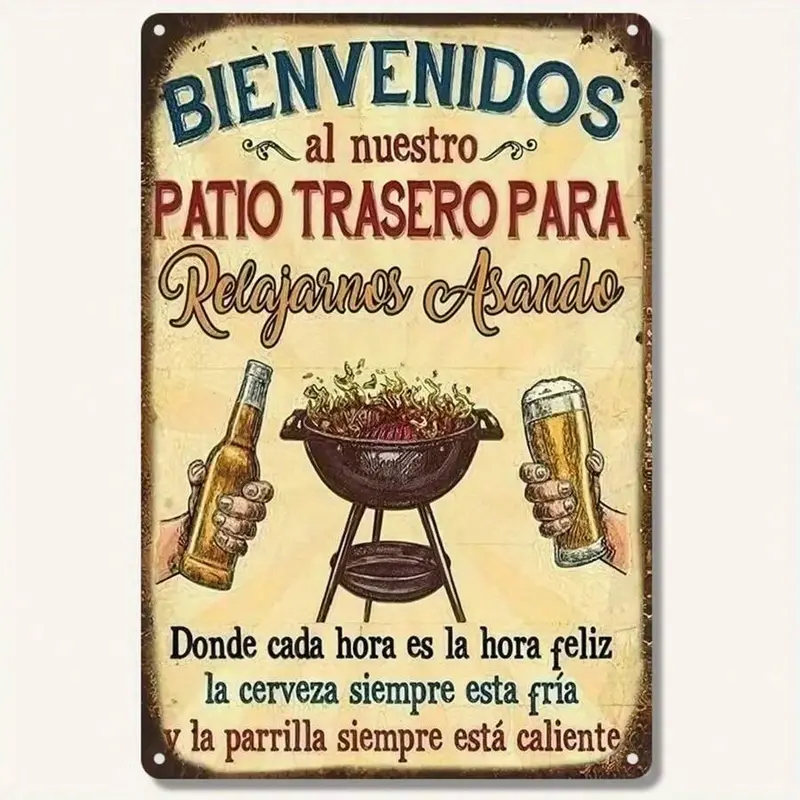 1PC Spanish-English Bilingual Rustic Farmhouse Design Durable Metal Rectangle Wall Sign - 8x12in/20x30cm High-Quality Plaque, Indoor/Outdoor Farm Decor for Barbecue Lovers’ Patio