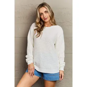 Zenana Cozy Season High Low Waffle Sweater Pullover in Ivory