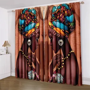 African Woman Pattern Curtain, 2 Counts/set Bohemian Ethnic Art Curtain, Rod Pocket Design Curtain for Living Room, Kitchen, Bedroom, Window Curtain