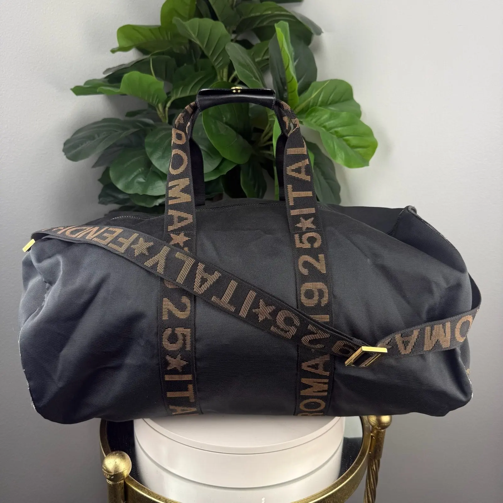 Pre-owned Black Nylon Travel bags Authentic Fendi Roma 1925 Logo Strap Duffle Bag