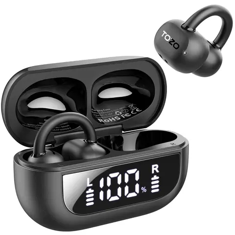 TOZO OpenEarRing True Open Ear Digital Earbud - Silicone Open Ear Clip, Lightweight Bluetooth Waterproof Headphones, IPX5 Rated, Noise-Cancelling, Button-Controlled, Pressure-Free, Real-Time Power Updates, Customizable EQ, Charging Case Included