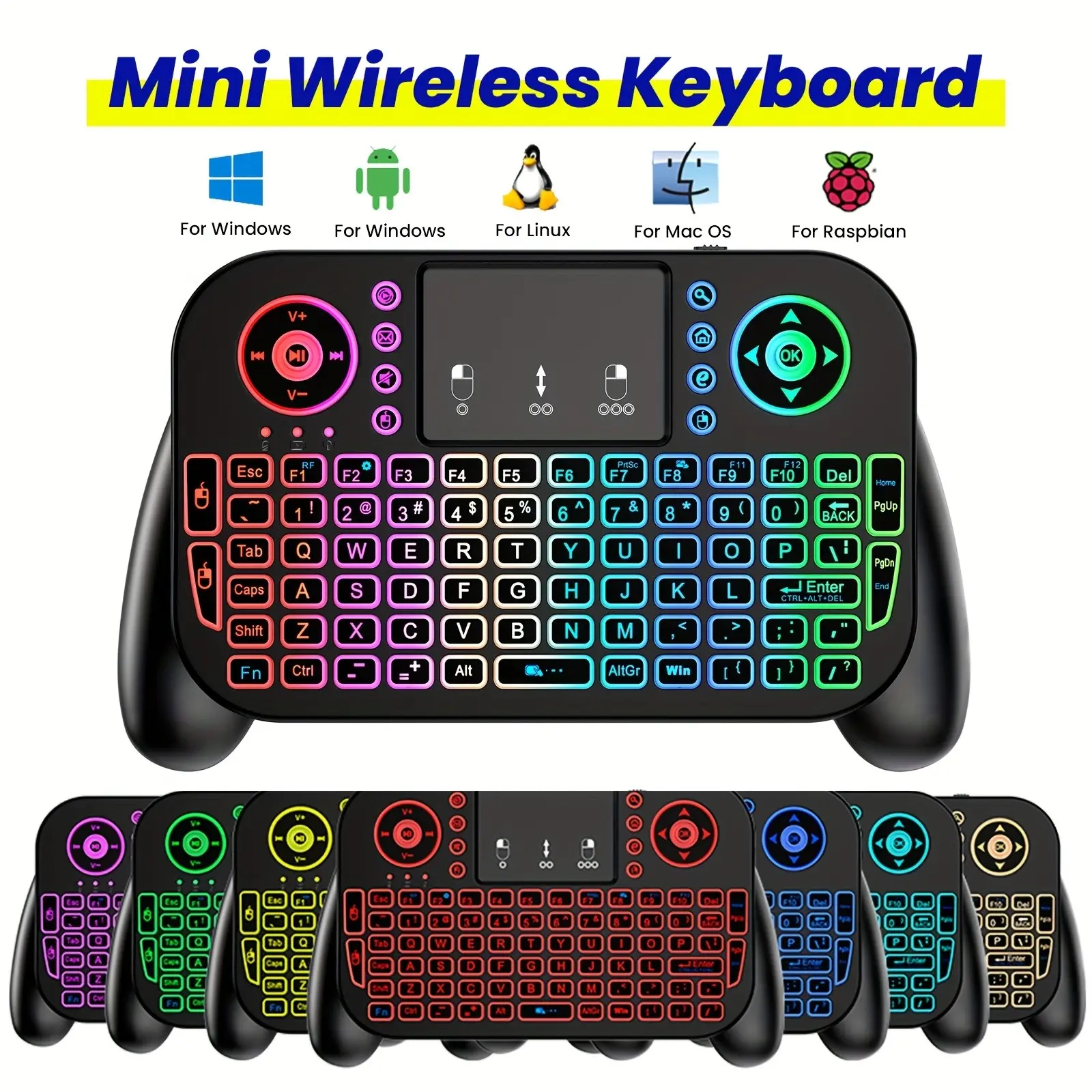 Mini Wireless 2.4GHz and Bluetooth-compatible Dual-Mode LED Backlit Keyboard with Touchpad, 7 Color Backlight Multimedia Keys for Android TV, Smart Tvs, Projectors and Ps3, Usb Rechargeable Keyboard