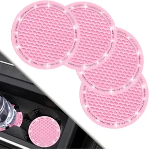 Car Coasters, 4 Pack Car Cup Holder Coaster, Crystal Rhinestone Pink Car Interior Accessories, 2.75'' Silicone Bling Decor for Car Women (Pink)