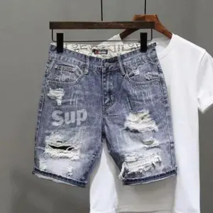 NewMen's Ripped Denim Shorts for Summer - Personality print versatile cropped pants in cotton fabric, casual street style ee blue Korean Loose Original Streetwear DesignGift