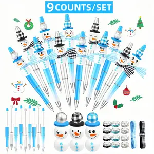 Snowman Design Beaded Pen Set, 9 Counts/set DIY Beaded Pen with Snowflake Beads and Interval Beads, Writing Pen for School Office Dormitory Home