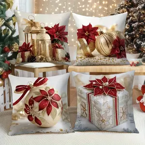 4pcs, Christmas Throw Pillow Covers, Red and Golden Christmas decor pillow cover, Suitable for Home Sofa and Bed Decor, Single-sided Printing, Without Pillow Core