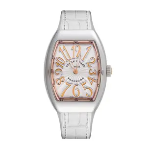 Franck Muller Vanguard V32 Quartz Two-Tone Stainless Steel and 18K Rose Gold White Guilloche Dial Rose Gold Arabic Numerals White Strap Ladies Watch WHT031746