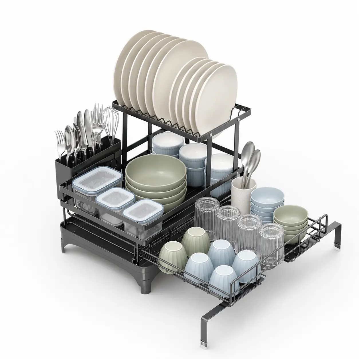 Modern Multi-Levels Dishwasher Rack Organizer, Dish Storage Solution for Plate Bowls Cups, Efficient Kitchen Home Organizer