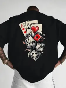Men's Casual Sports Activewear Short Sleeve Top, Poker a & Dice Graphic Print, Comfortable Round Neck Tee for Outdoor Gym Shopping, Trendy Loose Fit Men's Shirt