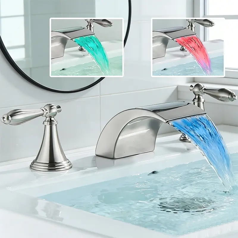 Brushed Nickel 8-in Widespread LED Double Handle Bathroom Sink Faucet - 2-Handle 3-Hole Lead-Free Modern Lavatory Tap, Brass & Plastic Waterfall Flow, Hose, Hot/Cold Supply Lines for RV Vanity, Double Handle Bathroom Sink Faucets, Two Handles Faucet