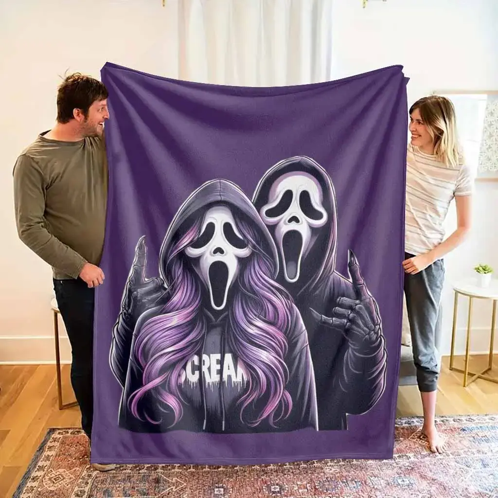 Purple Ghost Flannel Blanket, featuring terrifying mask art print design, soft and comfortable lightweight plush fabric, suitable for Halloween decoration and bedroom use, is an excellent holiday gift.