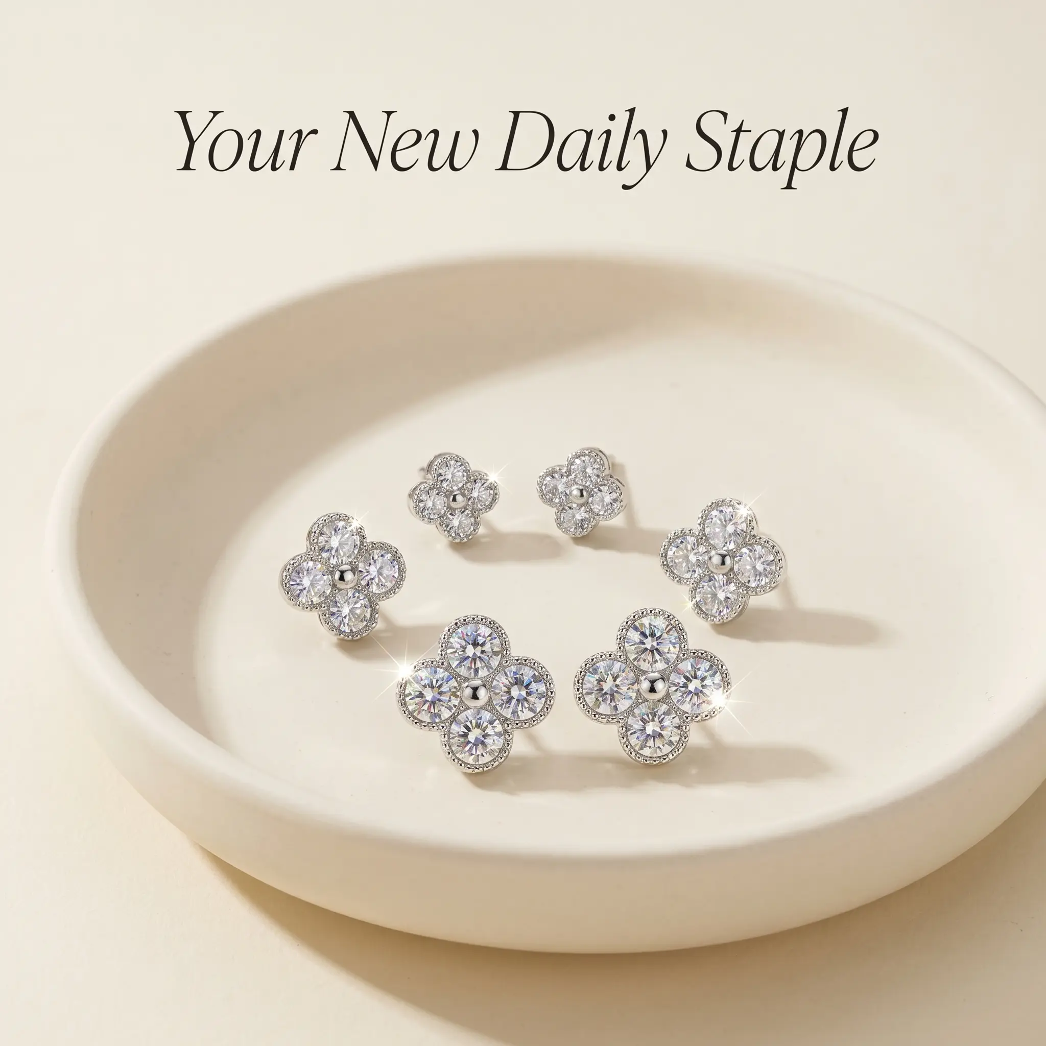 Women's Fashion Classic Clover Stud Earrings Set - 3 Pairs Cubic Zirconia 4-Leaf Clover, Silver-Tone Ear Stacking, Hypoallergenic Tarnish-Free Post Pearl Daily Costume Jewelry